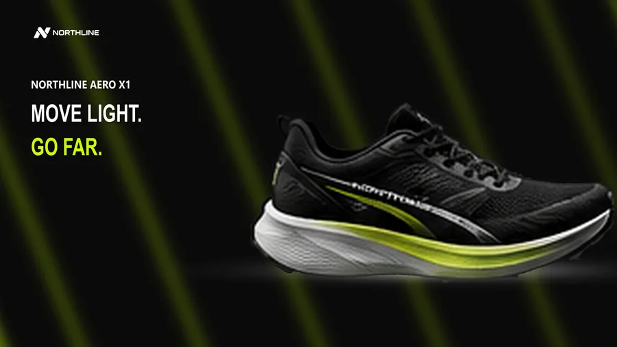 NORTHLINE AERO X1 campaign frame with a black running shoe and green light trails.